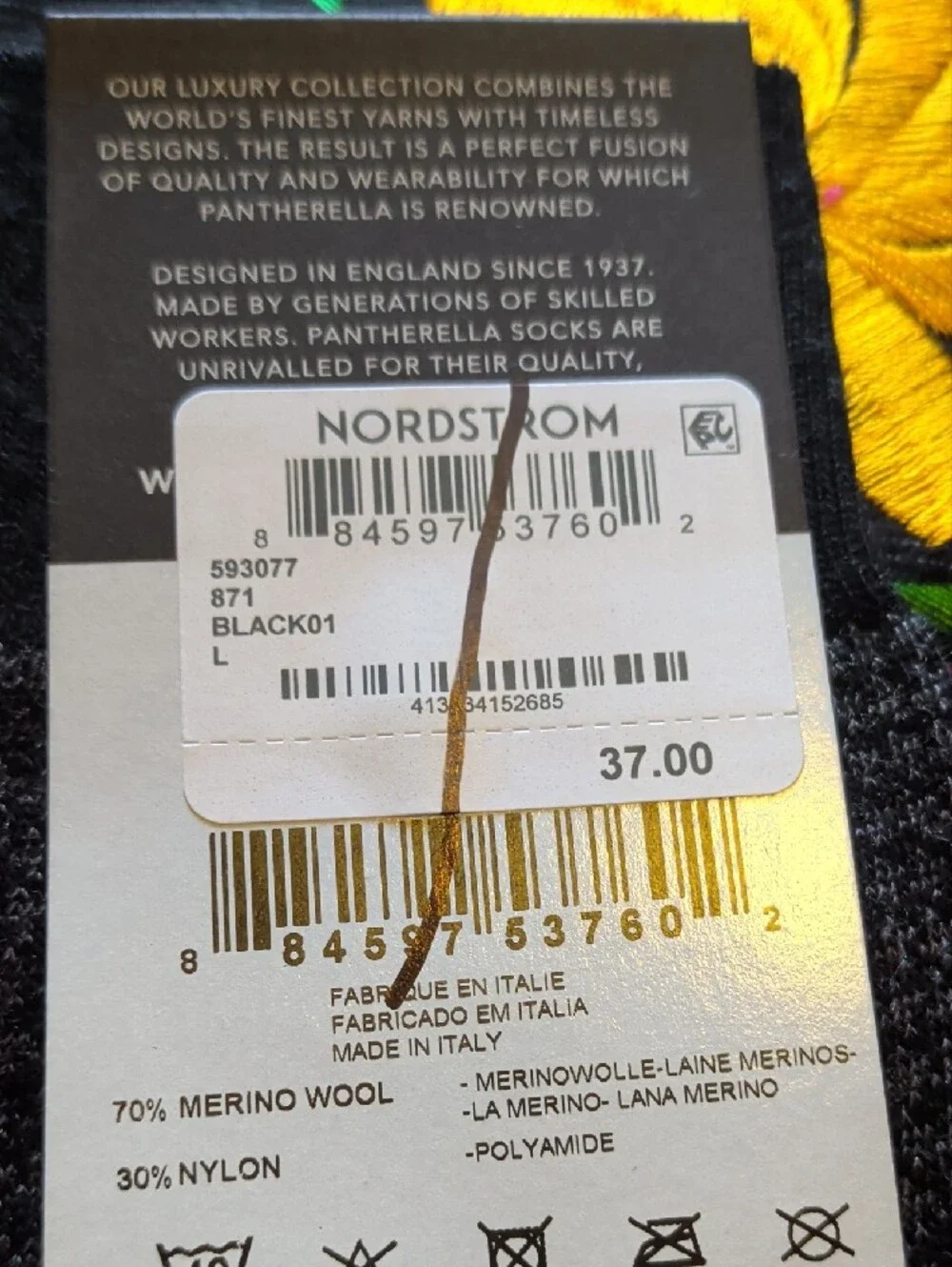 Pantherella Black Textured Merino Wool Dress Socks